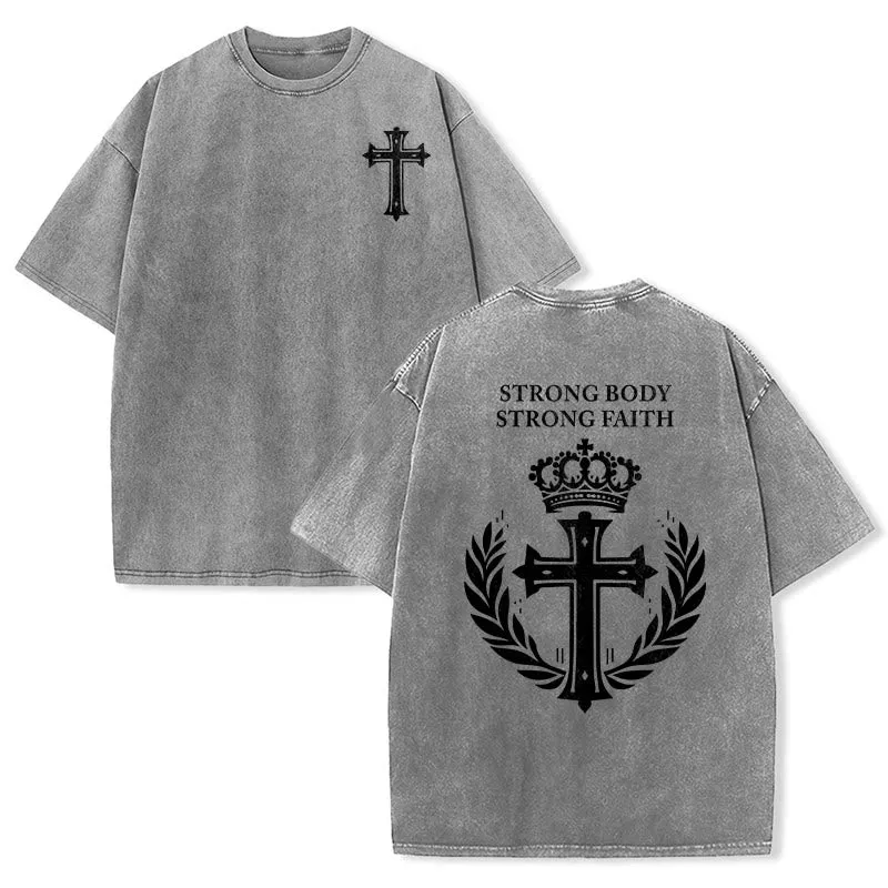 Christianartworkshop Strong Body Strong Faith Cross Crown Unisex Washed T-Shirt made by Christian Art Workshop