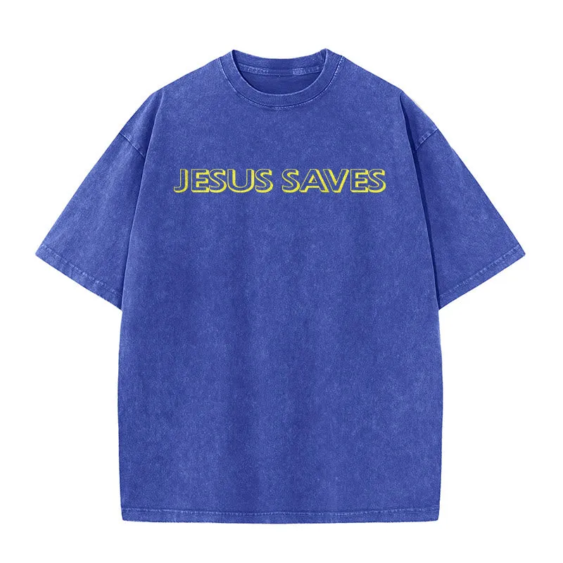 Christianartworkshop Jesus Saves Repeat Text Unisex Washed T-Shirt sold by Christian Art Workshop product image thumbnail 3