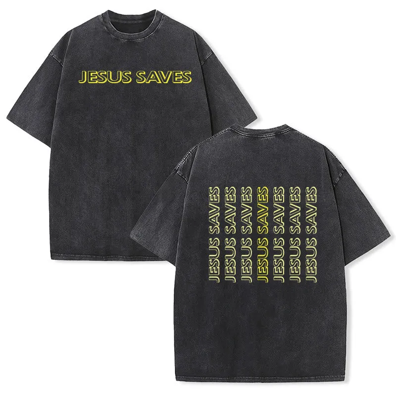 Christianartworkshop Jesus Saves Repeat Text Unisex Washed T-Shirt sold by Christian Art Workshop product image thumbnail 4