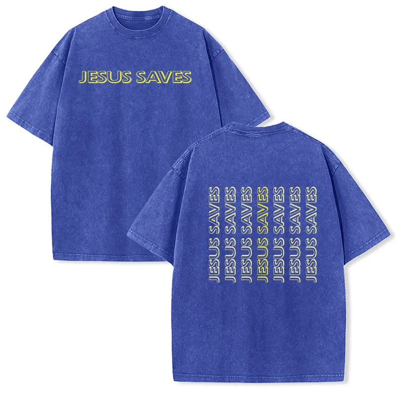 Christianartworkshop Jesus Saves Repeat Text Unisex Washed T-Shirt made by Christian Art Workshop