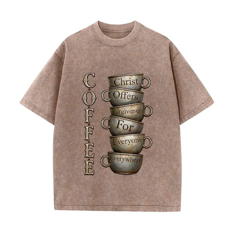 Christianartworkshop COFFEE Christ Offers Forgiveness Unisex Washed T-Shirt made by Christian Art Workshop