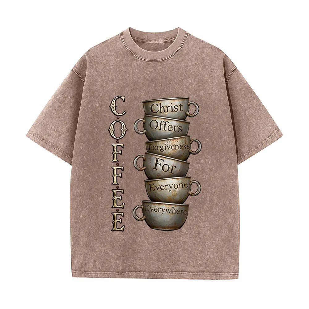 Christianartworkshop COFFEE Christ Offers Forgiveness Unisex Washed T-Shirt sold by Christian Art Workshop
