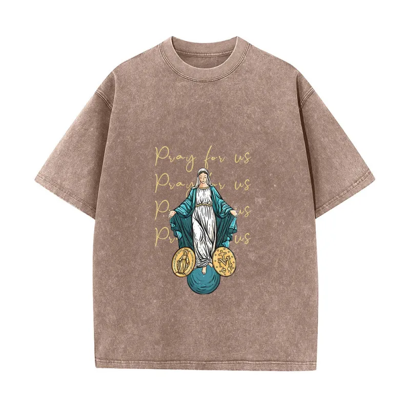 Christianartworkshop Pray For Us Virgin Mary Unisex Washed T-Shirt made by Christian Art Workshop