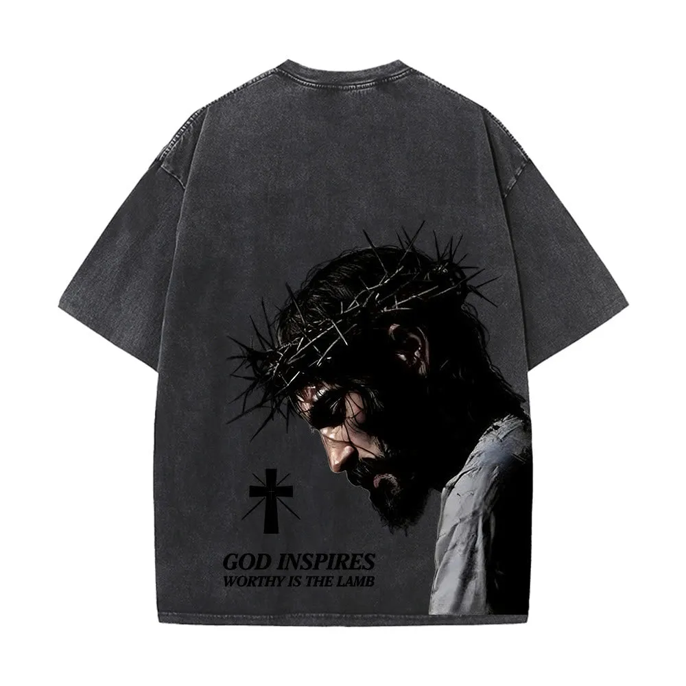 Christianartworkshop Faith-Filled Jesus Crown of Thorns Unisex Washed T-Shirt sold by Christian Art Workshop product image thumbnail 5