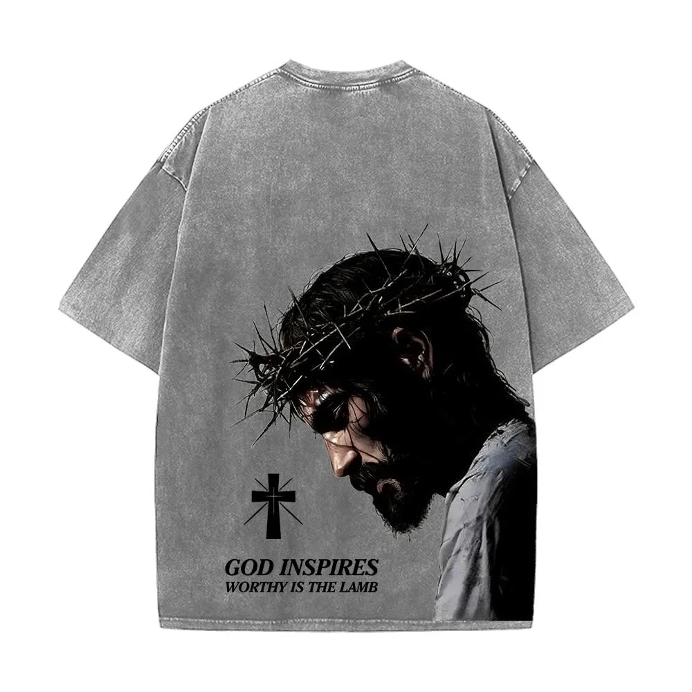 Christianartworkshop Faith-Filled Jesus Crown of Thorns Unisex Washed T-Shirt sold by Christian Art Workshop product image thumbnail 2