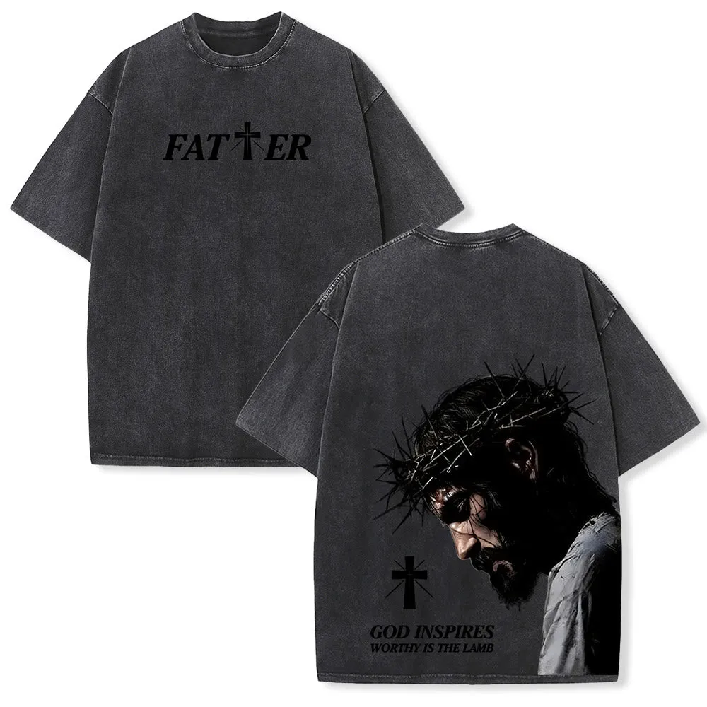 Christianartworkshop Faith-Filled Jesus Crown of Thorns Unisex Washed T-Shirt sold by Christian Art Workshop product image thumbnail 4