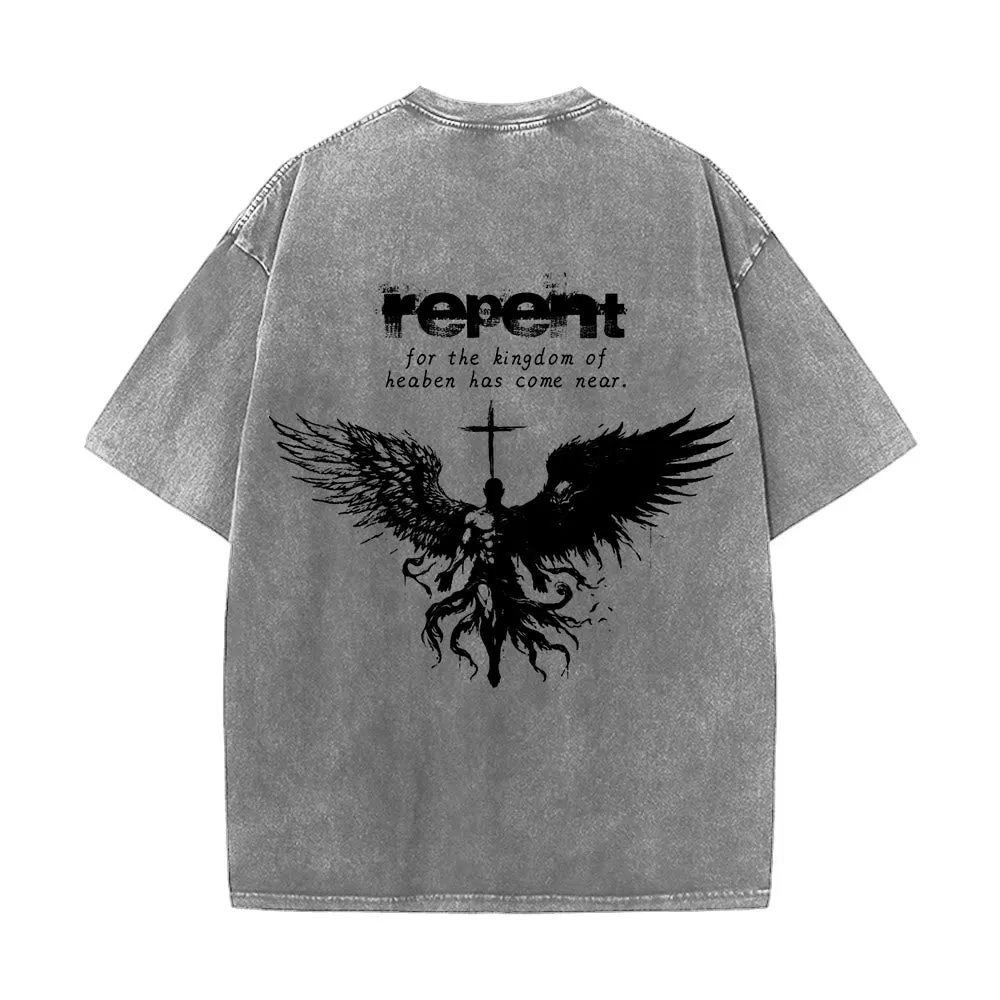 Christianartworkshop Repent For The Kingdom Of Heaven Unisex Washed T-Shirt sold by Christian Art Workshop product image thumbnail 2