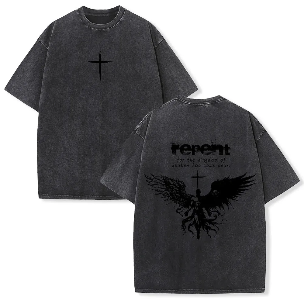 Christianartworkshop Repent For The Kingdom Of Heaven Unisex Washed T-Shirt sold by Christian Art Workshop product image thumbnail 4