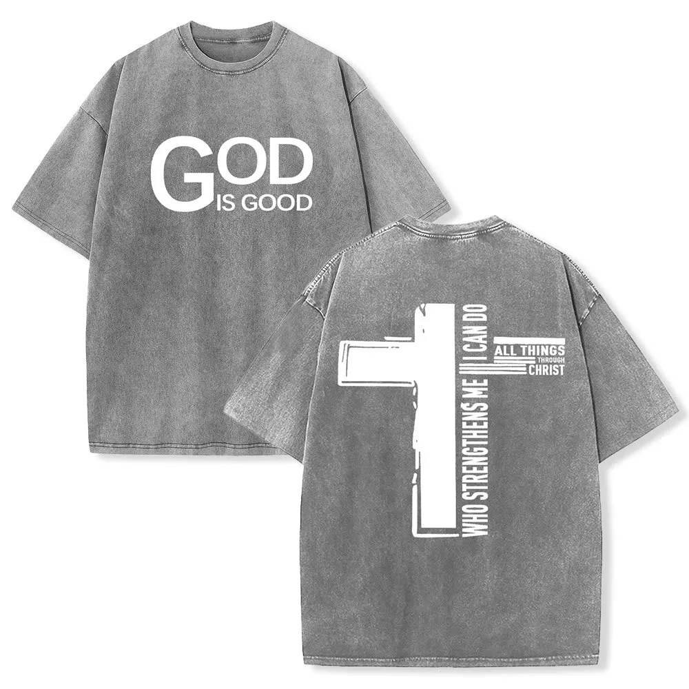 Christianartworkshop God Is Good Philippians 4:13 Cross Unisex Washed T-Shirt sold by Christian Art Workshop product image thumbnail 4