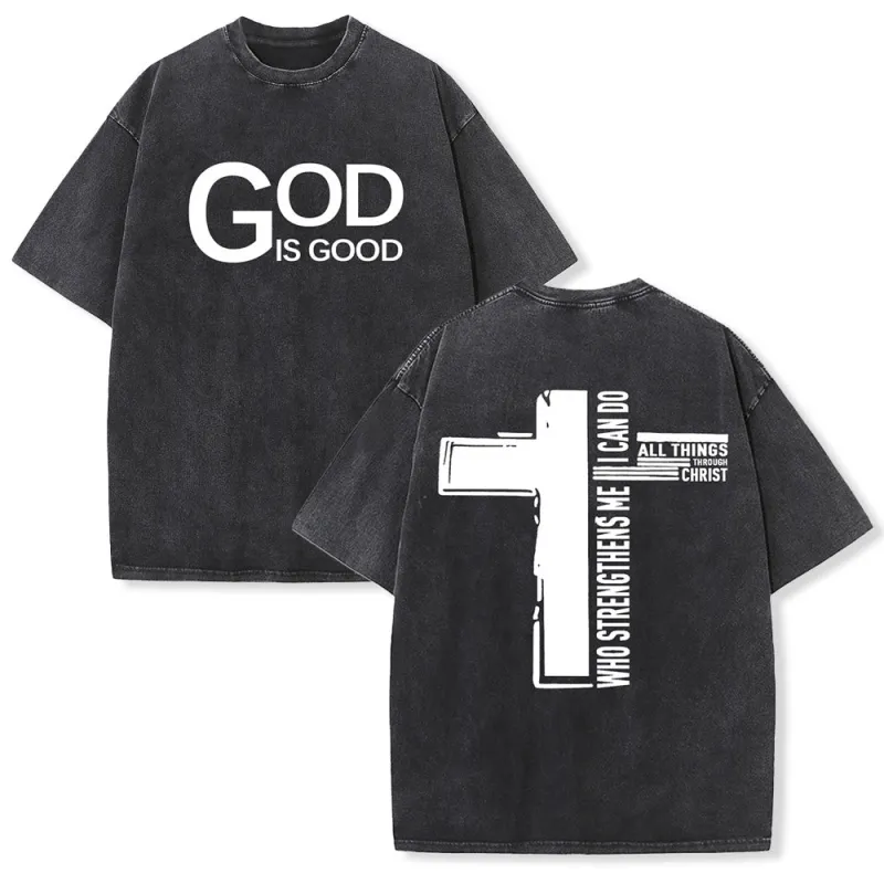 Christianartworkshop God Is Good Philippians 4:13 Cross Unisex Washed T-Shirt made by Christian Art Workshop