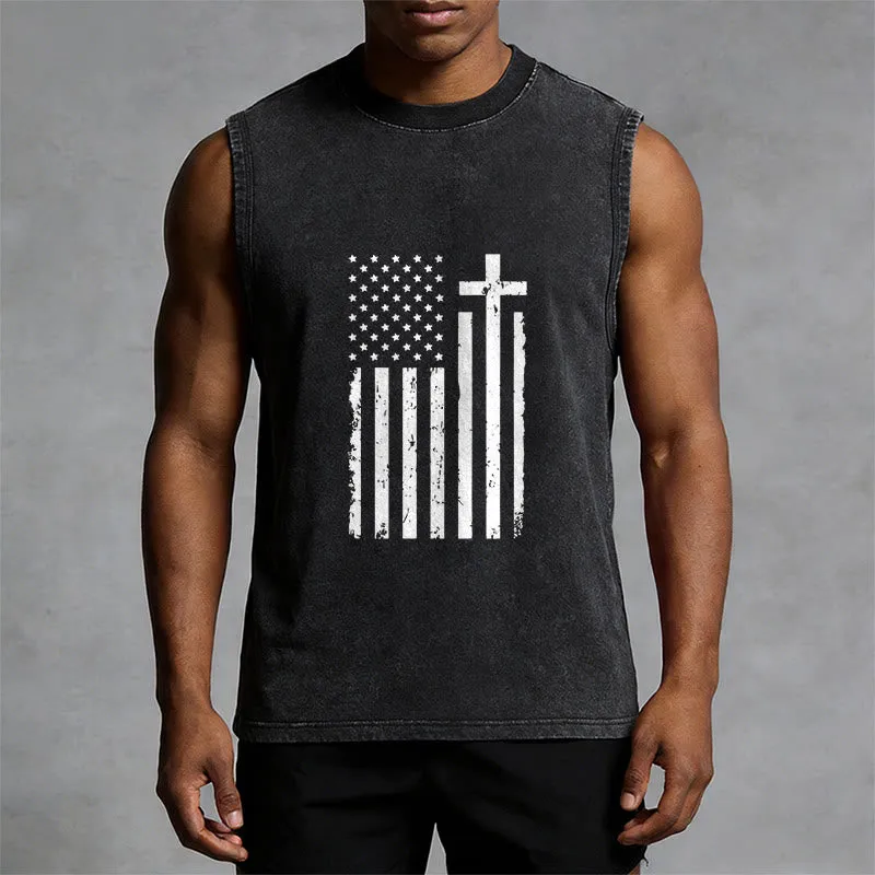 Christianartworkshop American Flag & Cross Patriotic Washed Tank Top sold by Christian Art Workshop product image thumbnail 5