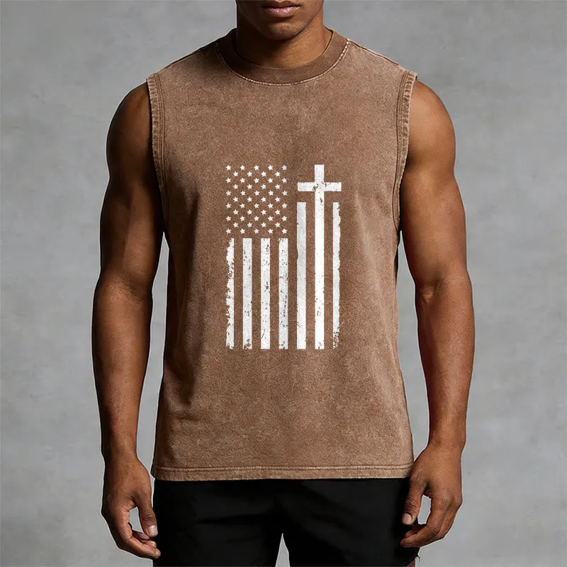 Christianartworkshop American Flag & Cross Patriotic Washed Tank Top sold by Christian Art Workshop product image thumbnail 2