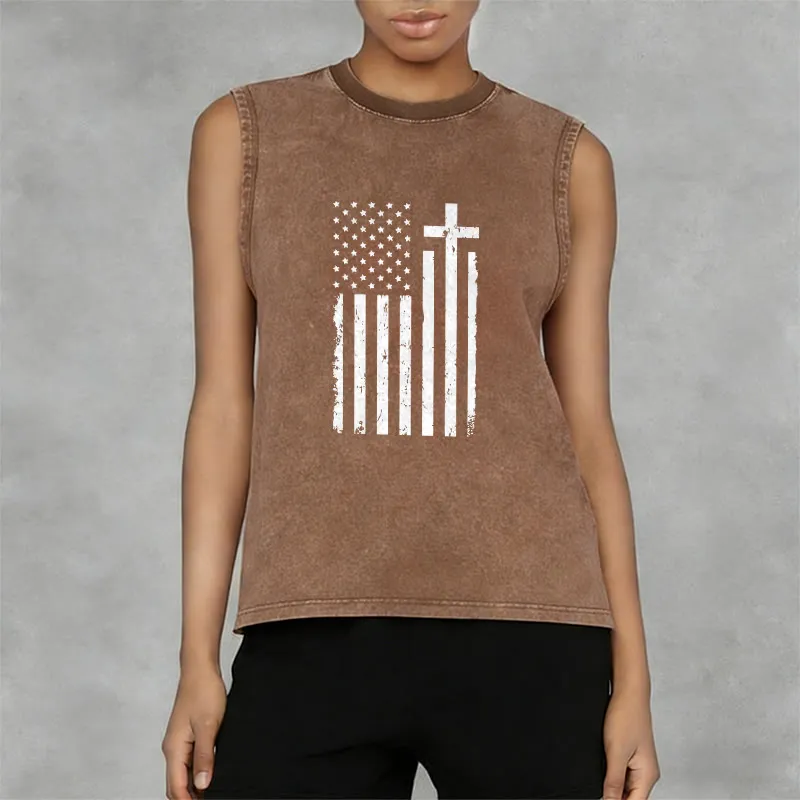 Christianartworkshop American Flag & Cross Patriotic Washed Tank Top sold by Christian Art Workshop product image thumbnail 3