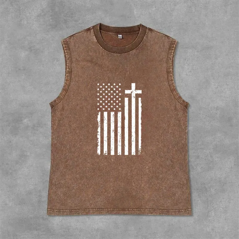 Christianartworkshop American Flag & Cross Patriotic Washed Tank Top made by Christian Art Workshop