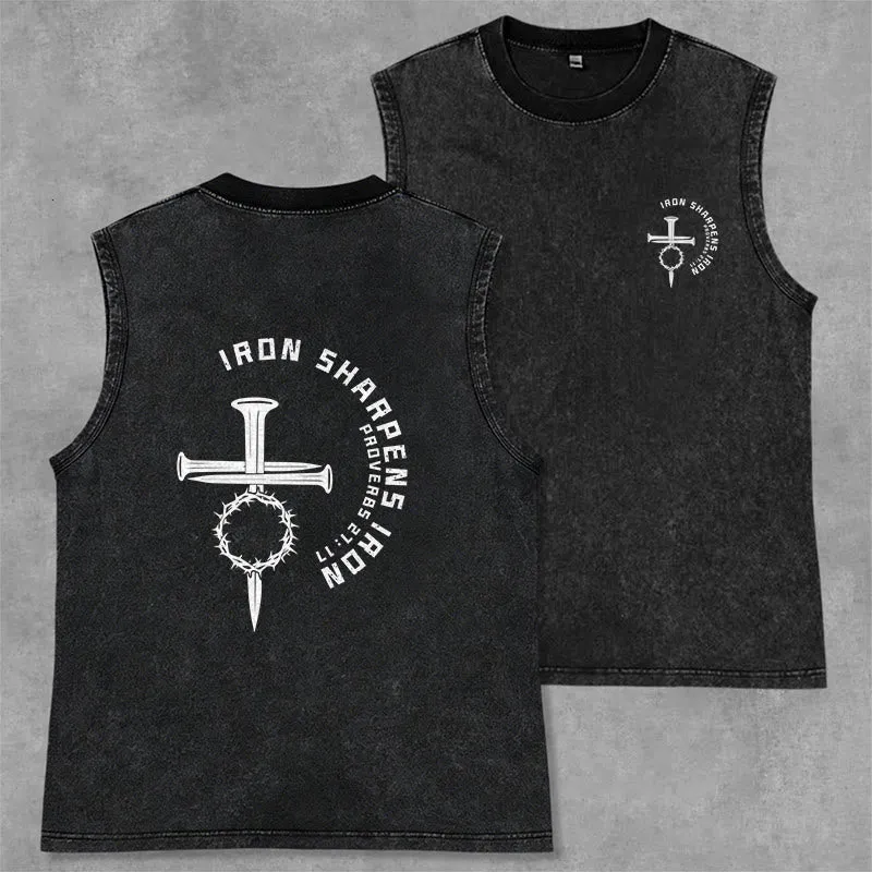 Christianartworkshop Proverbs 27:17 Nail Cross Unisex Washed Tank Top sold by Christian Art Workshop