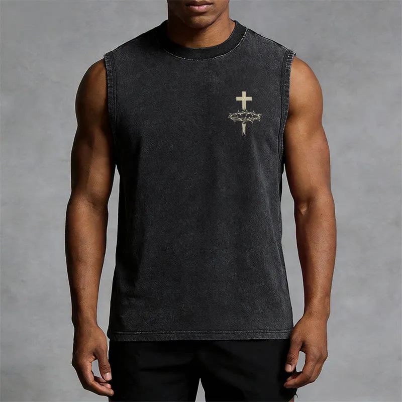 Christianartworkshop Vintage Crown of Thorns Jesus Unisex Washed Tank Top sold by Christian Art Workshop product image thumbnail 3