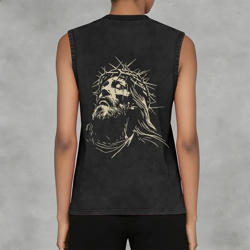 Christianartworkshop Vintage Crown of Thorns Jesus Unisex Washed Tank Top sold by Christian Art Workshop product image thumbnail 4
