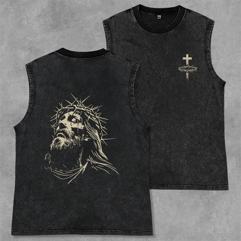 Christianartworkshop Vintage Crown of Thorns Jesus Unisex Washed Tank Top sold by Christian Art Workshop