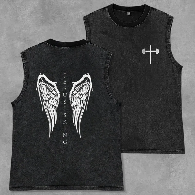 Christianartworkshop Jesus Is King Angel Wings Washed Tank Top made by Christian Art Workshop