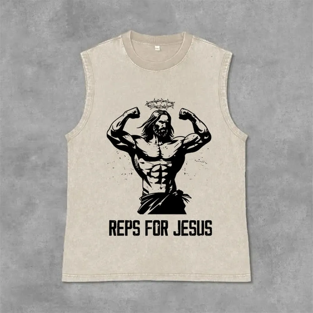 Christianartworkshop Muscular Jesus Crown Of Thorns Unisex Washed Tank Top sold by Christian Art Workshop