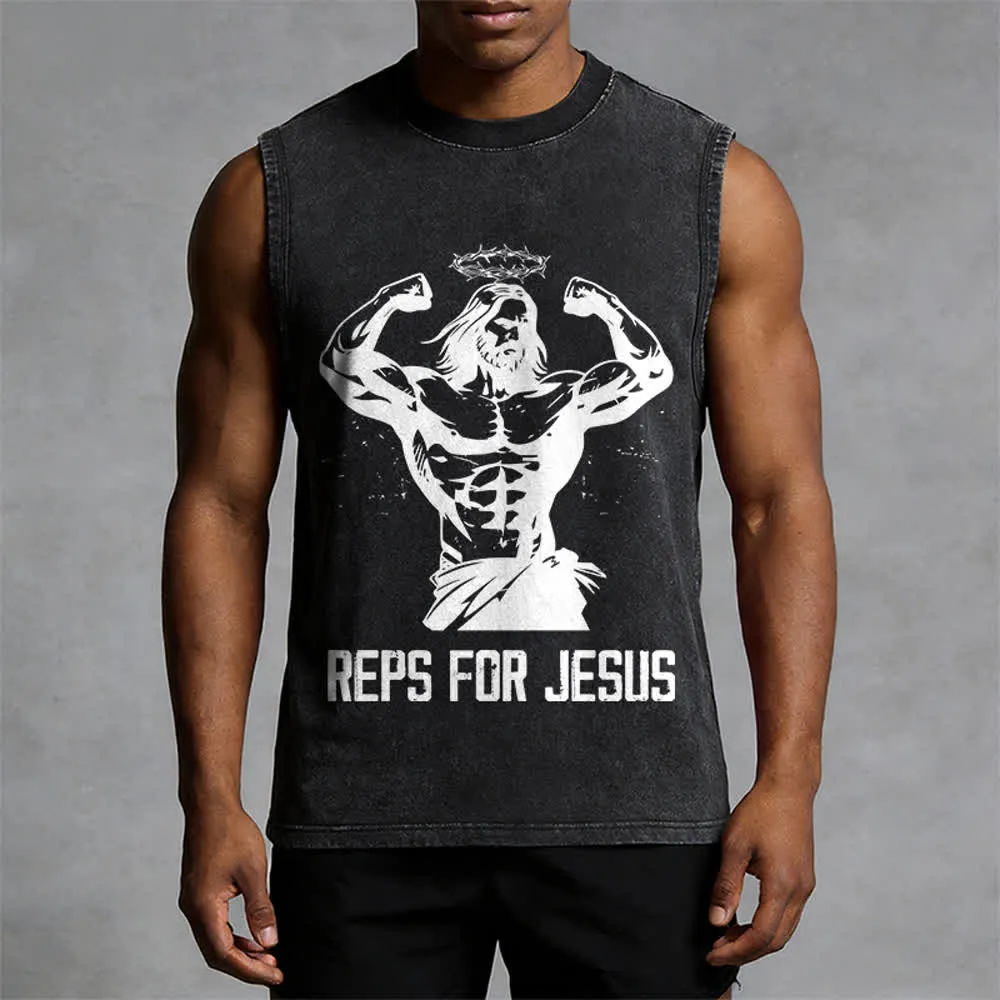 Christianartworkshop Muscular Jesus Crown Of Thorns Unisex Washed Tank Top sold by Christian Art Workshop product image thumbnail 5