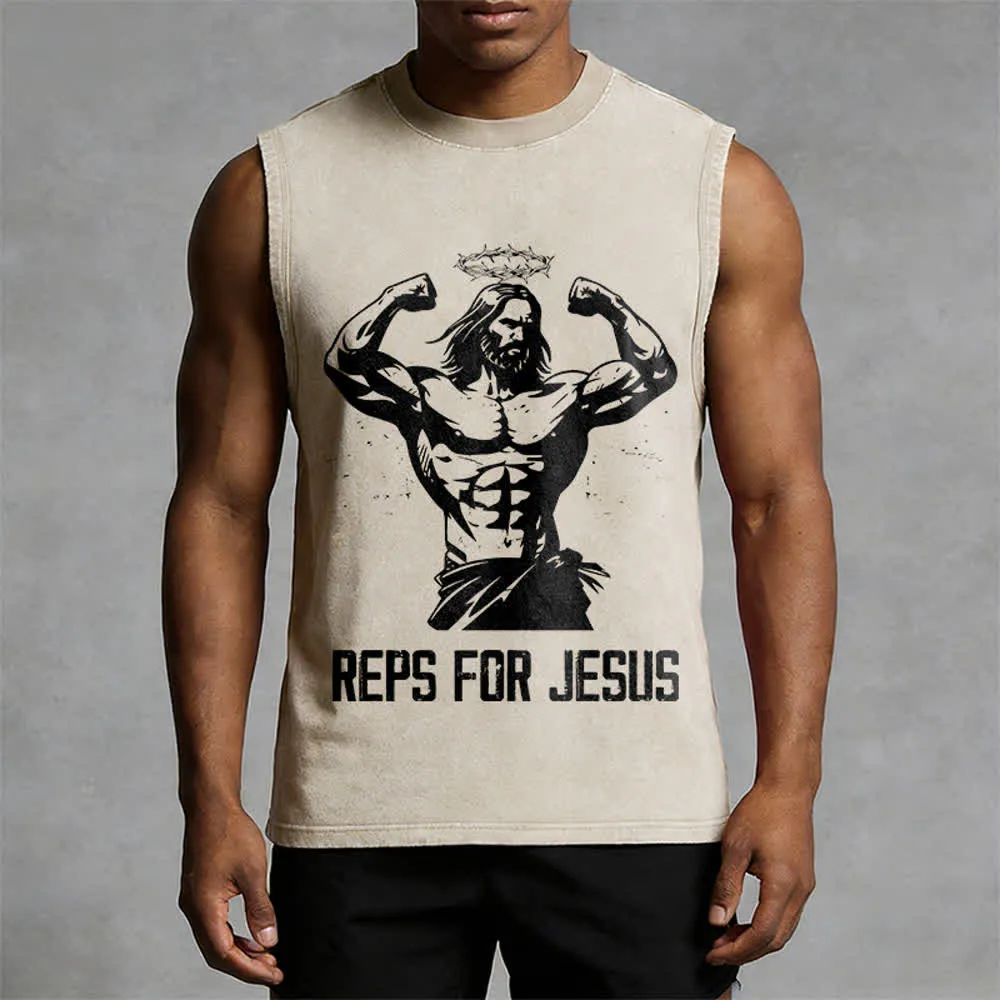 Christianartworkshop Muscular Jesus Crown Of Thorns Unisex Washed Tank Top sold by Christian Art Workshop product image thumbnail 2