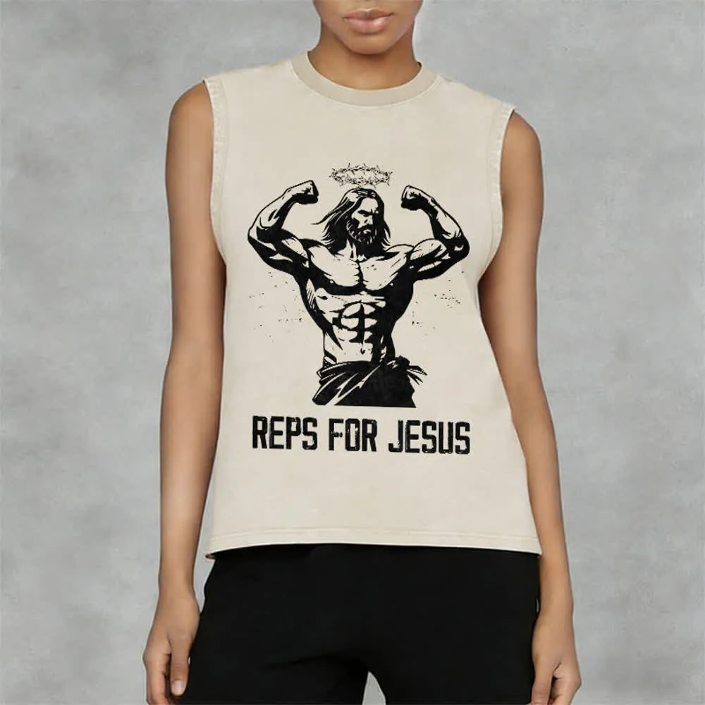 Christianartworkshop Muscular Jesus Crown Of Thorns Unisex Washed Tank Top sold by Christian Art Workshop product image thumbnail 3