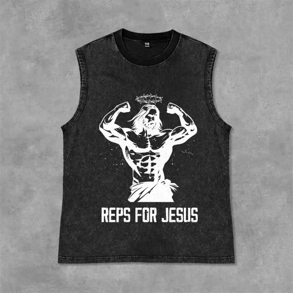 Christianartworkshop Muscular Jesus Crown Of Thorns Unisex Washed Tank Top sold by Christian Art Workshop product image thumbnail 4