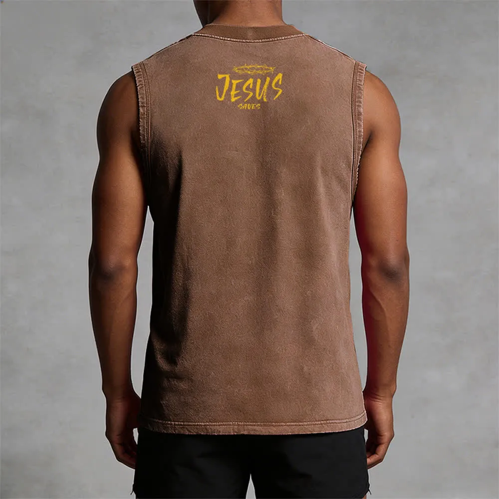 Christianartworkshop Smiley Face Jesus Saves Unisex Washed Tank Top sold by Christian Art Workshop product image thumbnail 3