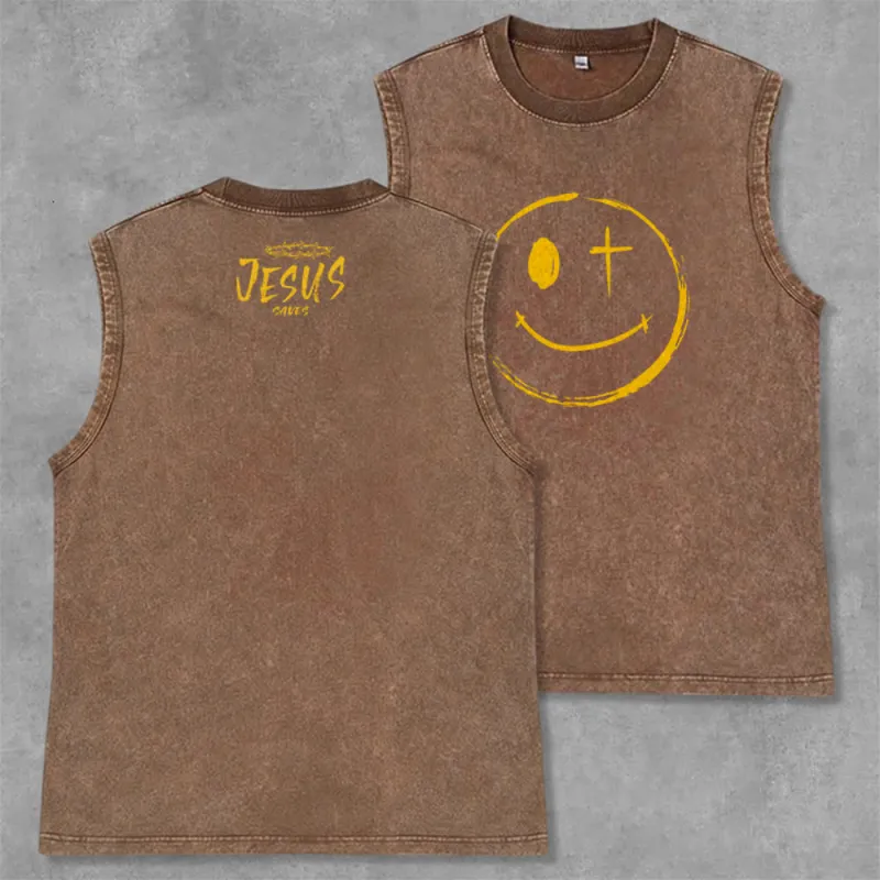 Christianartworkshop Smiley Face Jesus Saves Unisex Washed Tank Top made by Christian Art Workshop