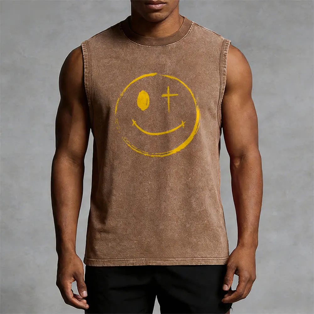 Christianartworkshop Smiley Face Jesus Saves Unisex Washed Tank Top sold by Christian Art Workshop product image thumbnail 2