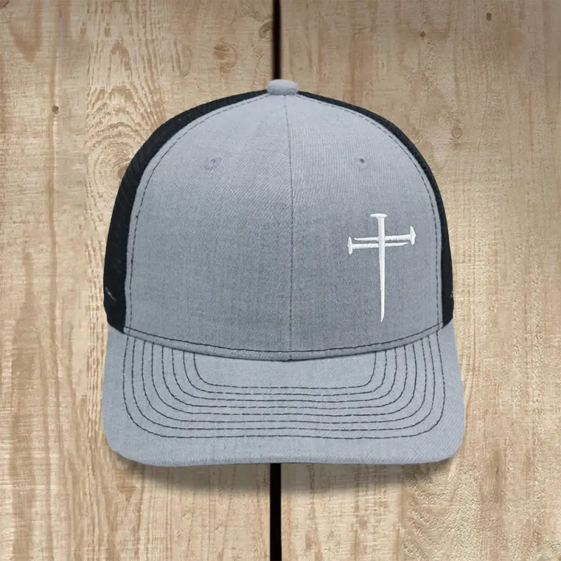 Christianartworkshop Minimalist Nail Cross Embroidered Trucker Hat made by Christian Art Workshop