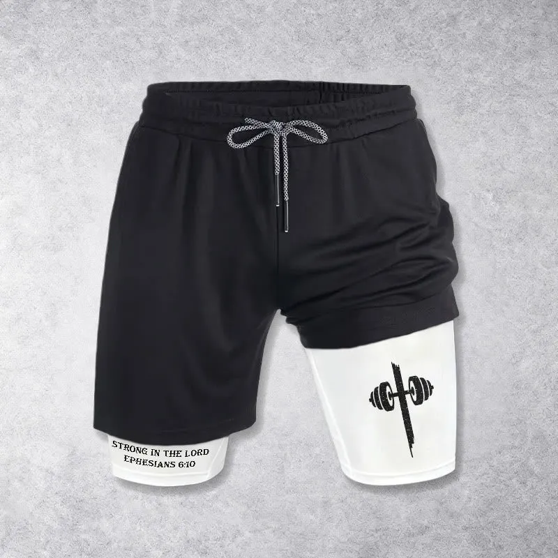 Christianartworkshop Ephesians 6:10 Strong In The Lord Barbell Cross Performance Shorts made by Christian Art Workshop