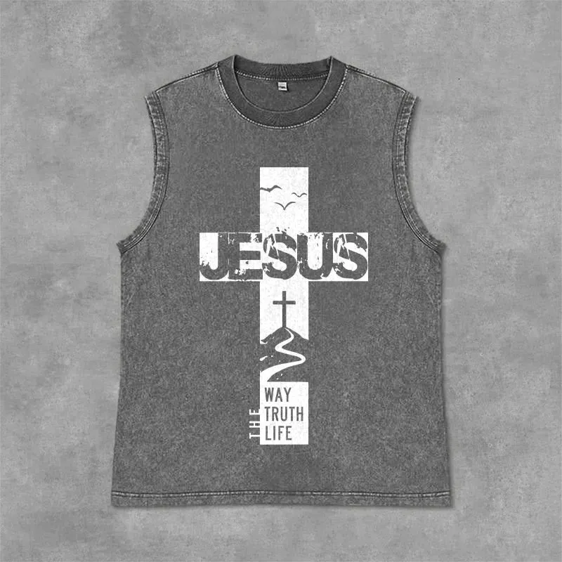Christianartworkshop Jesus The Way The Truth The Life Unisex Washed Tank Top sold by Christian Art Workshop product image thumbnail 4