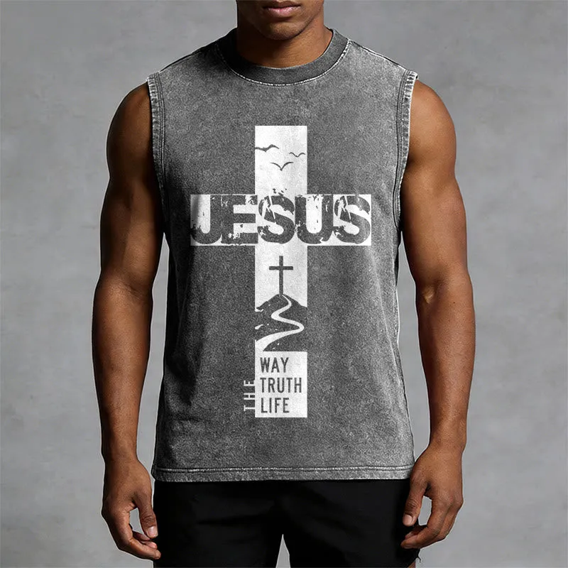Christianartworkshop Jesus The Way The Truth The Life Unisex Washed Tank Top sold by Christian Art Workshop product image thumbnail 5
