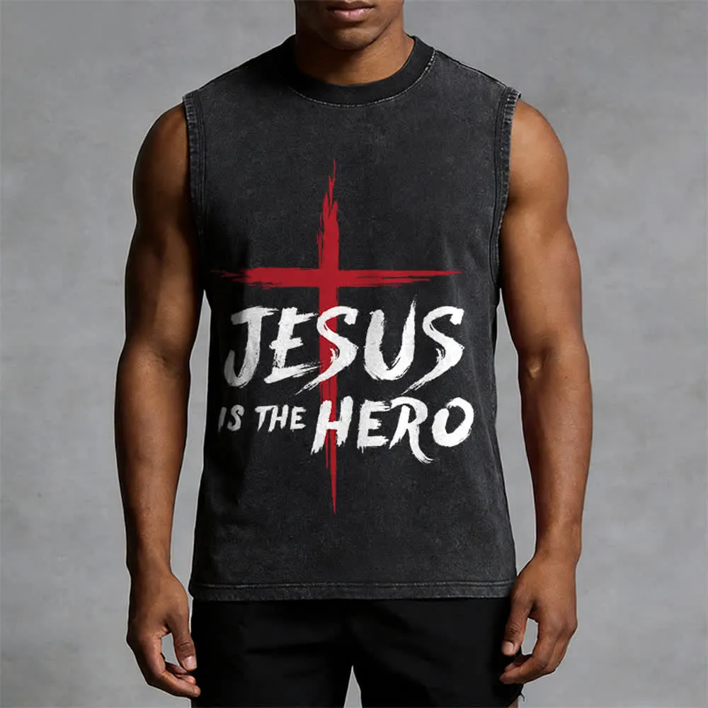 Christianartworkshop Jesus Is The Hero Red Cross Unisex Washed Tank Top sold by Christian Art Workshop product image thumbnail 5
