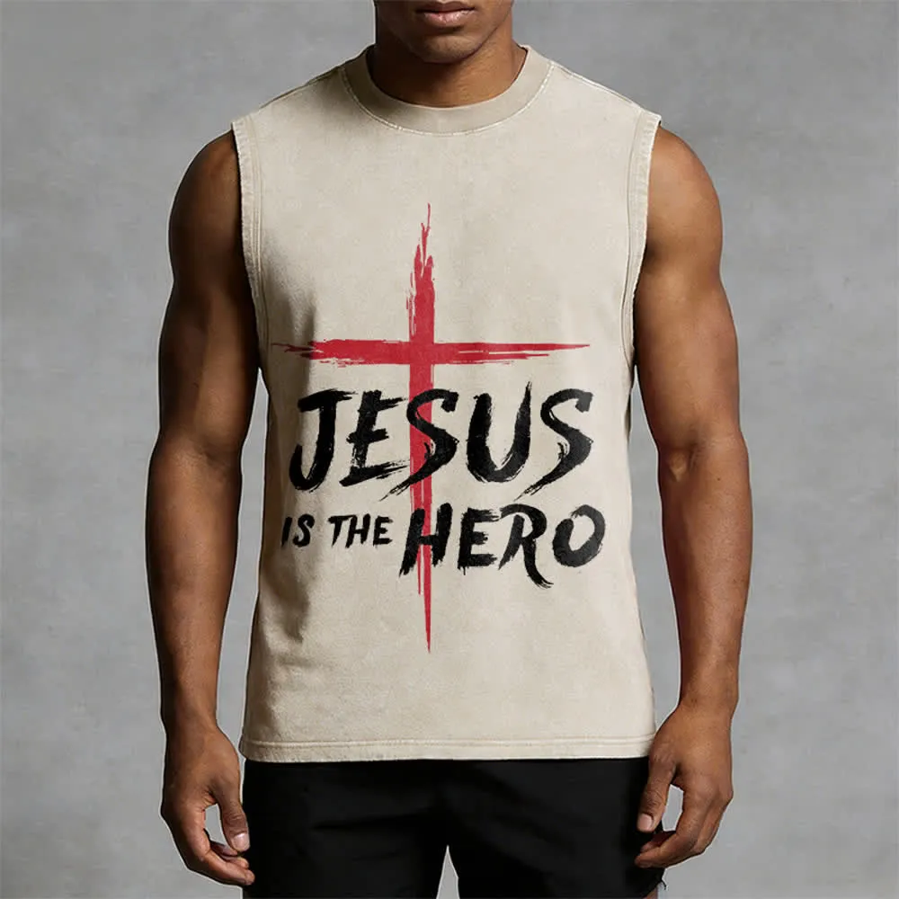 Christianartworkshop Jesus Is The Hero Red Cross Unisex Washed Tank Top sold by Christian Art Workshop product image thumbnail 2