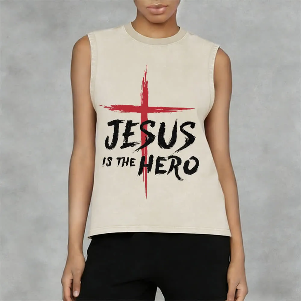 Christianartworkshop Jesus Is The Hero Red Cross Unisex Washed Tank Top sold by Christian Art Workshop product image thumbnail 3