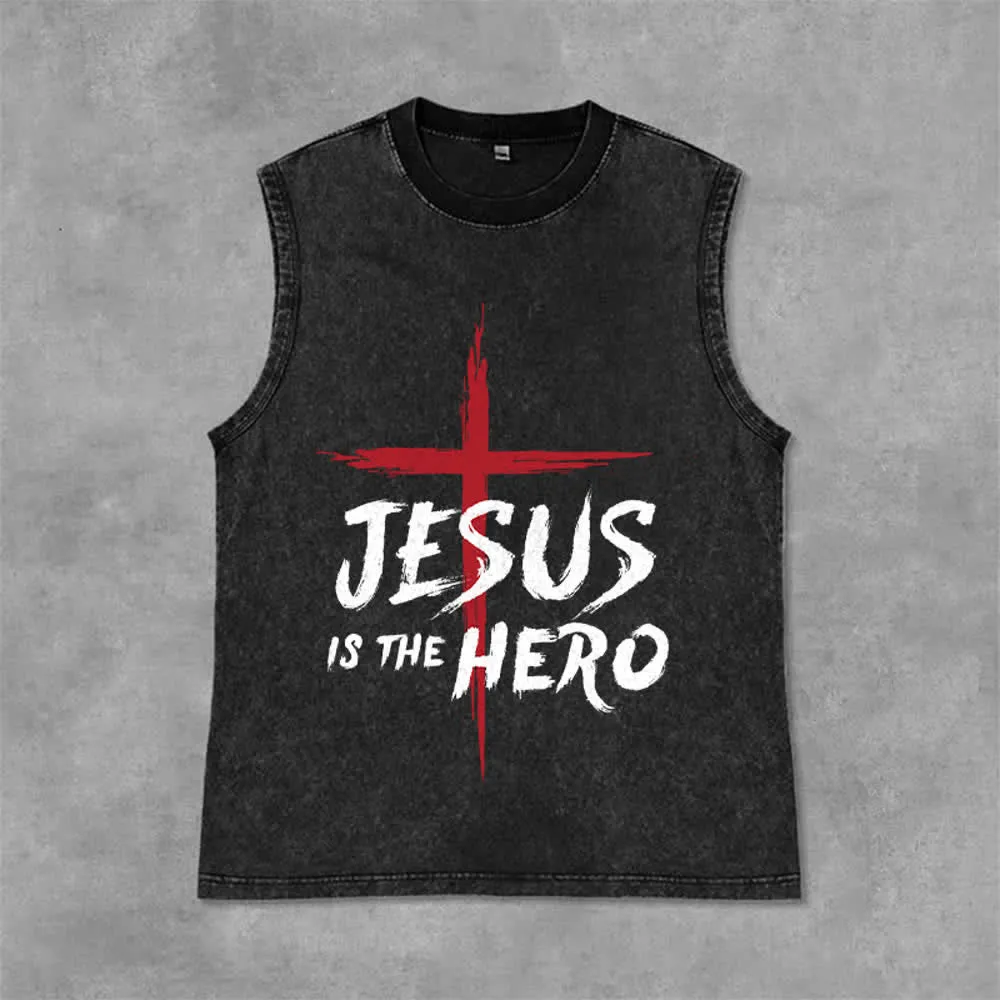 Christianartworkshop Jesus Is The Hero Red Cross Unisex Washed Tank Top sold by Christian Art Workshop product image thumbnail 4