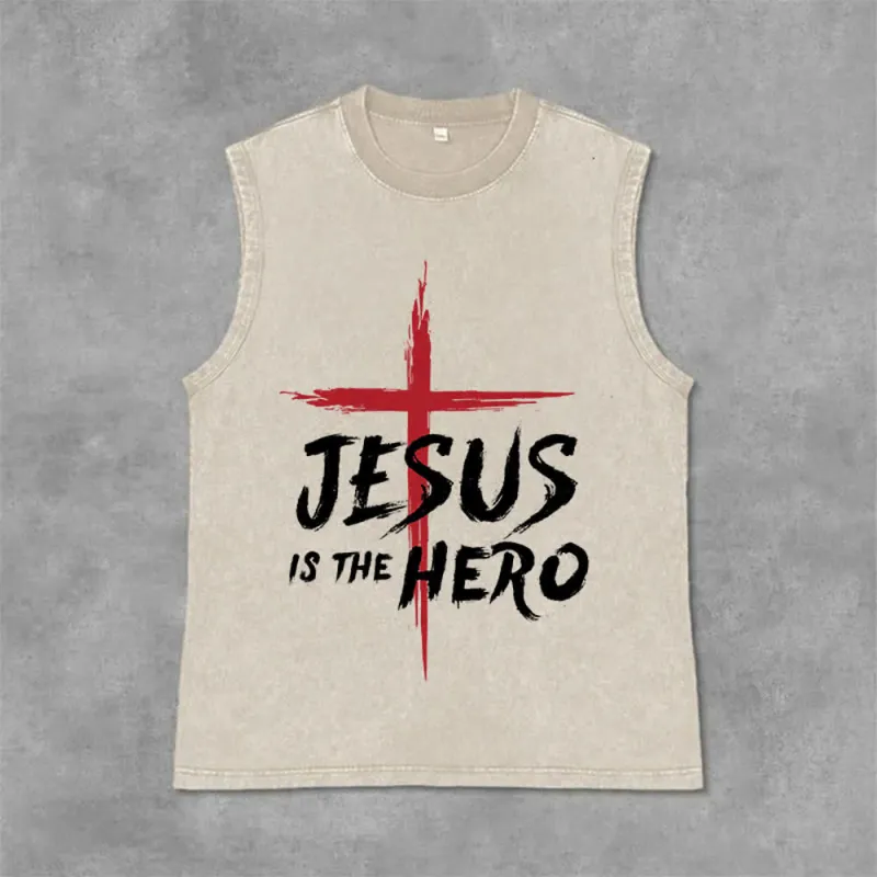 Christianartworkshop Jesus Is The Hero Red Cross Unisex Washed Tank Top made by Christian Art Workshop
