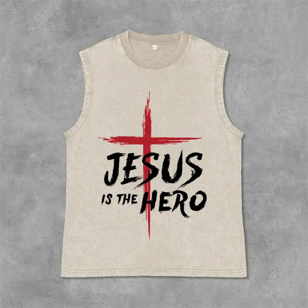 Christianartworkshop Jesus Is The Hero Red Cross Unisex Washed Tank Top sold by Christian Art Workshop