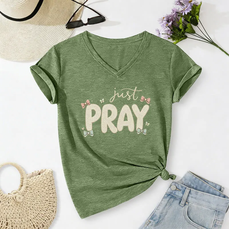 Christianartworkshop Just PRAY Casual V-neck T-shirt sold by Christian Art Workshop product image thumbnail 3