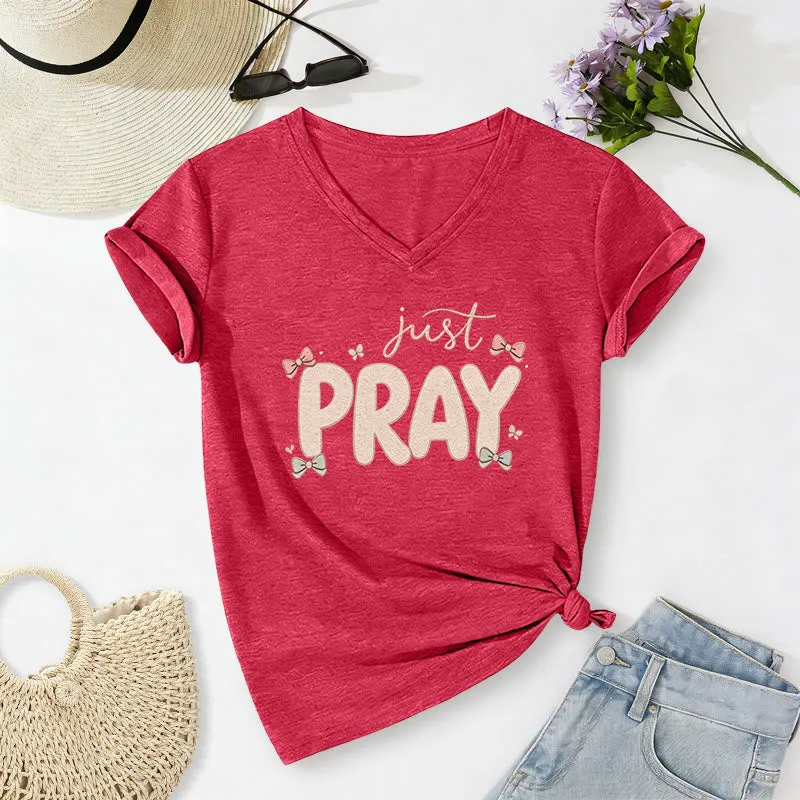 Christianartworkshop Just PRAY Casual V-neck T-shirt made by Christian Art Workshop
