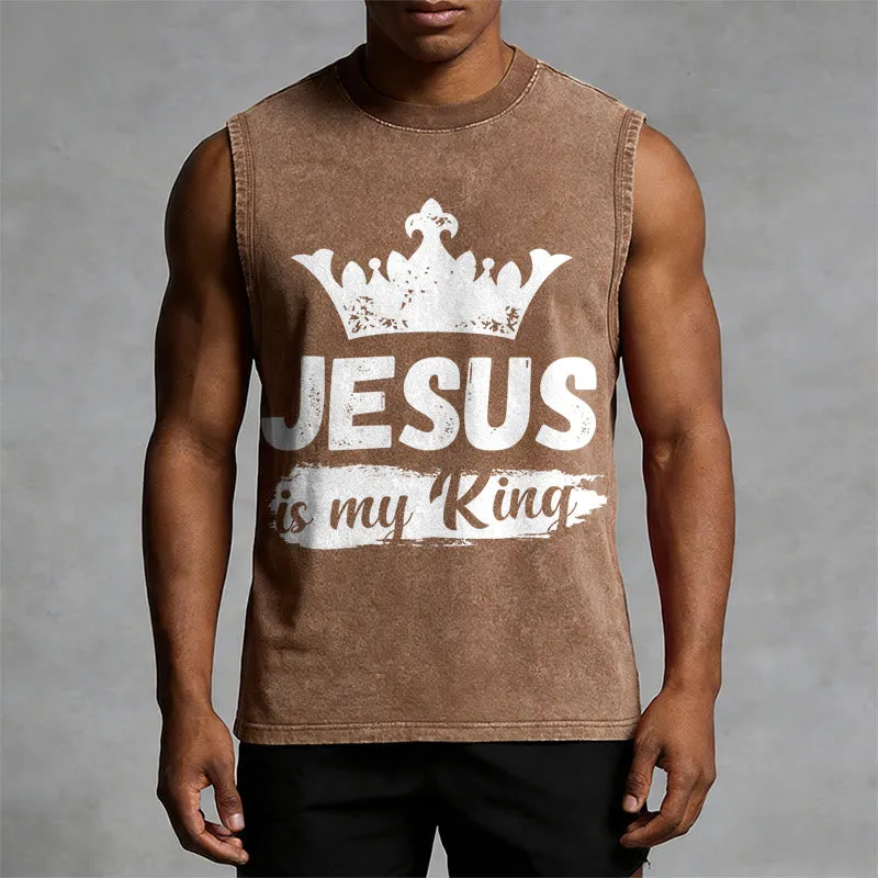 Christianartworkshop Jesus Is My King Crown Unisex Washed Tank Top sold by Christian Art Workshop product image thumbnail 2