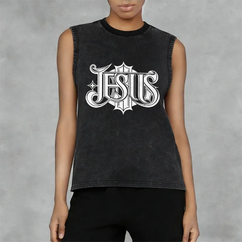 Christianartworkshop JESUS Gothic Letter Unisex Washed Tank Top sold by Christian Art Workshop product image thumbnail 3