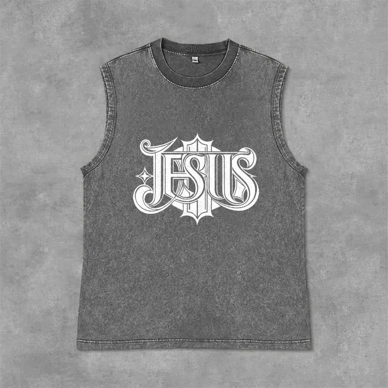 Christianartworkshop JESUS Gothic Letter Unisex Washed Tank Top sold by Christian Art Workshop product image thumbnail 4