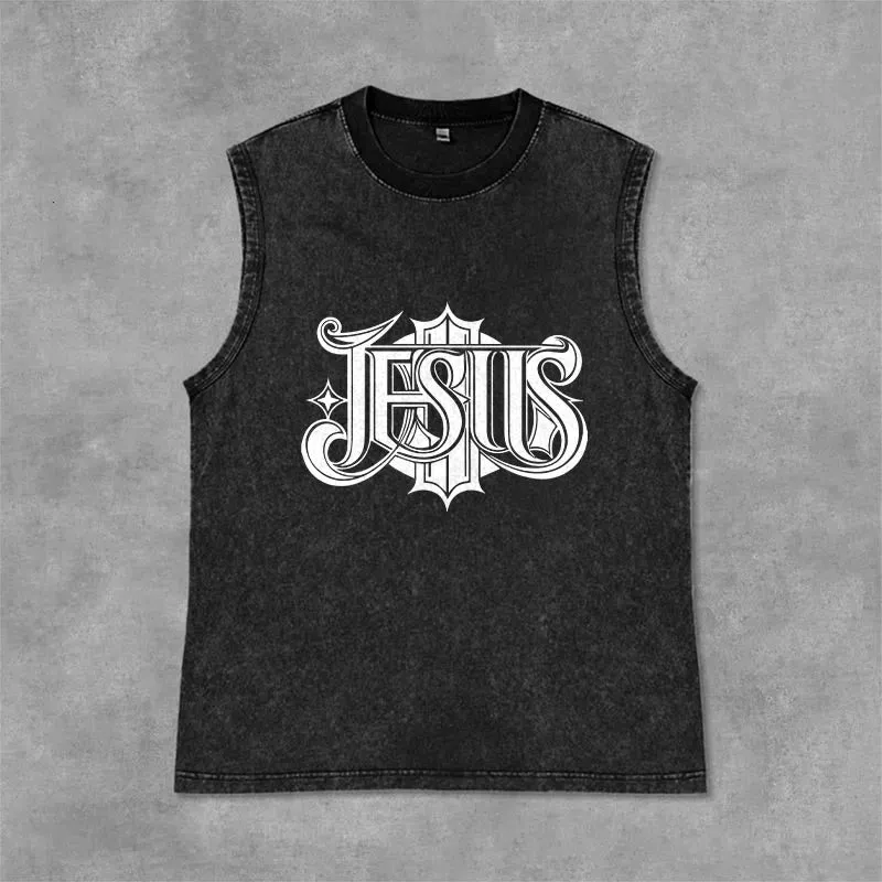 Christianartworkshop JESUS Gothic Letter Unisex Washed Tank Top sold by Christian Art Workshop