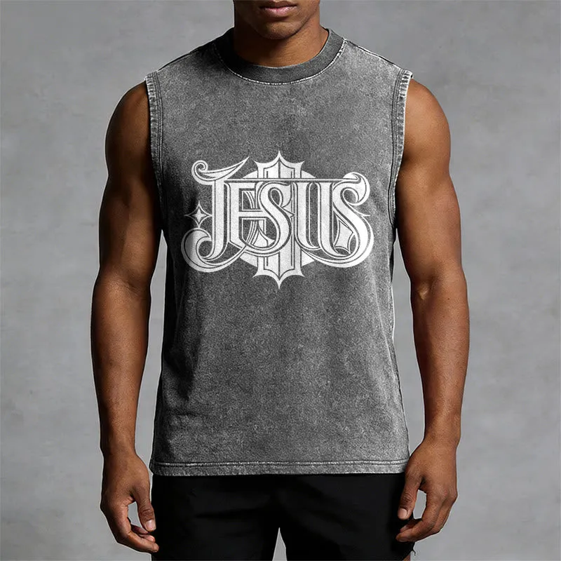 Christianartworkshop JESUS Gothic Letter Unisex Washed Tank Top sold by Christian Art Workshop product image thumbnail 5