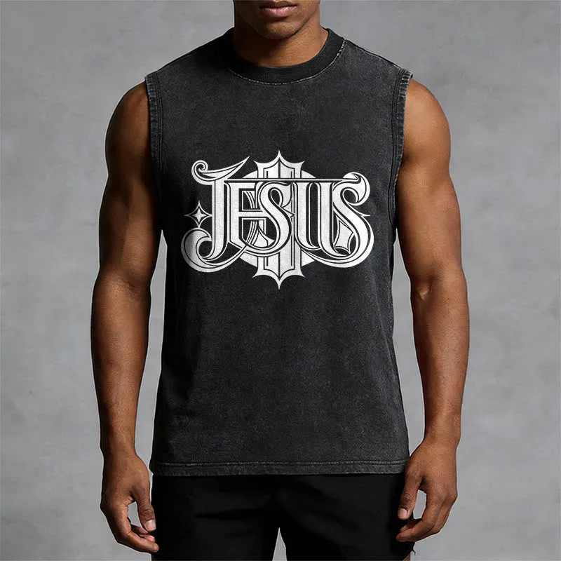 Christianartworkshop JESUS Gothic Letter Unisex Washed Tank Top sold by Christian Art Workshop product image thumbnail 2