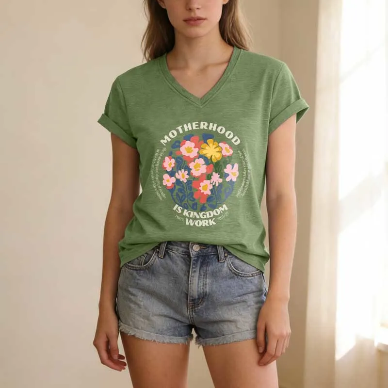 Christianartworkshop Boho Floral Motherhood Is Kingdom Work Casual V-neck T-shirt sold by Christian Art Workshop product image thumbnail 4